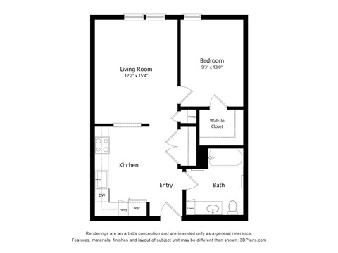 Floor plan for 1 bed, 1 bath, 645 sqft